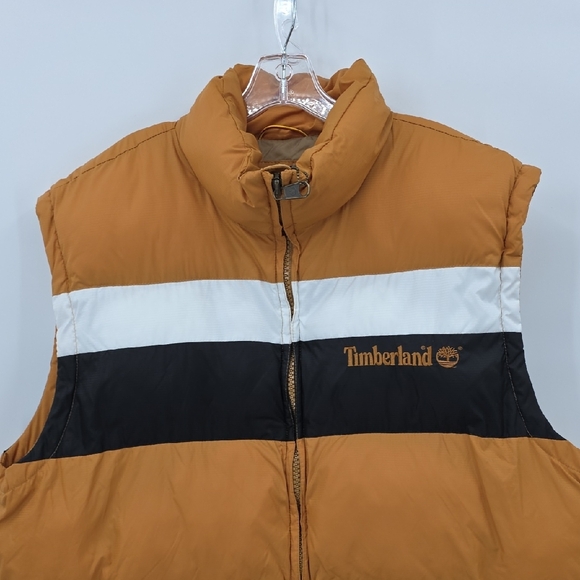 Timberland Men's Puffer Vest in Orange with Black and White Stripes Size XL - Picture 2 of 9